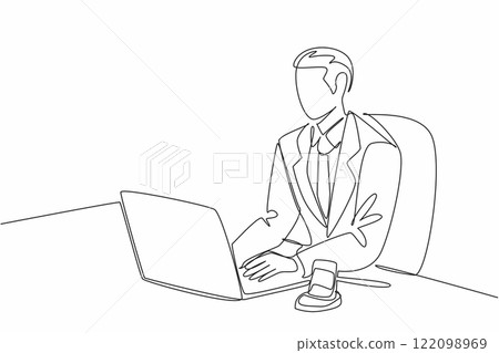Single one line drawing male auctioneer in suit and tie typing on laptop. Online auction with limited participants by invitation. National Auctioneers Day. Continuous line design graphic illustration 122098969