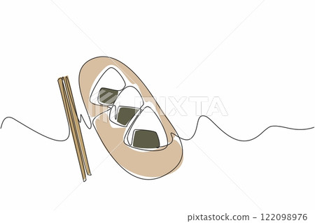 Single one line drawing 3 pieces of onigiri on an oval wooden plate and also chopsticks. Delicious Asian-style food. Appetizer. National Rice Ball Day. Continuous line design graphic illustration Single one line drawing 3 pieces of onigiri on an oval wooden plate and also chopsticks. Delicious Asian-style food. Appetizer. National Rice Ball Day. Continuous line design graphic illustration 122098976