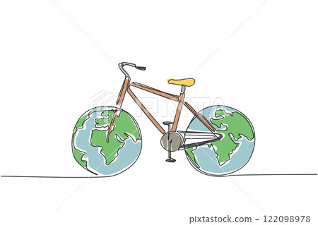 Continuous one line drawing road bike which both tires are globe. Vehicles without pollution smoke. Symbolism. Healthy earth. Environmental. Bicycle Day. Single line draw design vector illustration 122098978