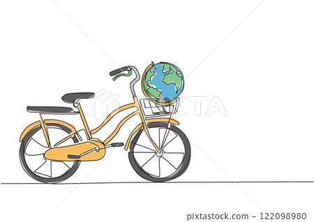 Single one line drawing mini bike with a globe in the front basket. An iconic symbol. Bicycles can make the earth healthier without pollution. Bicycle Day. Continuous line design graphic illustration 122098980