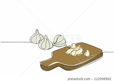 Single one line drawing some cloves of garlic on wooden cutting board. Will be processed into food seasoning. Can lower blood pressure. National Garlic Day. Continuous line design graphic illustration 122098982