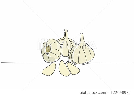 Continuous one line drawing a bunch of garlic. Fresh simple look. Kitchen spice. The little ones with many benefits. Boost immune. National Garlic Day. Single line draw design vector illustration 122098983