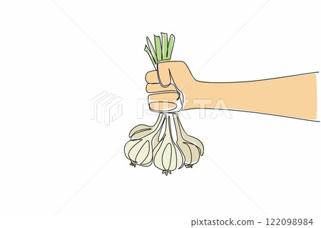 Single continuous line drawing hand holding a bunch of garlic with stems. Garlic farmers show off their best harvest. Ready to be marketed. National Garlic Day. One line design vector illustration 122098984