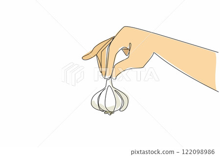 Single one line drawing hand holding the tip of garlic. Explaining the many benefits of garlic for the body. Controlling cholesterol. National Garlic Day. Continuous line design graphic illustration 122098986