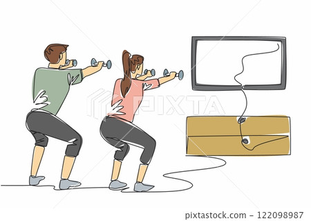 Single continuous line drawing young couple doing exercise at home using dumbbells. Online classes. Keep exercising even at home. Work out. National Exercise Day. One line design vector illustration 122098987