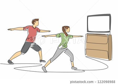 Single one line drawing young couple doing yoga movements. Husband and wife who are united maintain health even though they are busy. National Exercise Day. Continuous line design graphic illustration 122098988