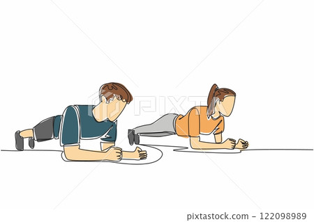 Continuous one line drawing young couple do plank workout exercise body weight lifting. Strong. Exercise. Fitness. Healthy life. National Exercise Day. Single line draw design vector illustration 122098989