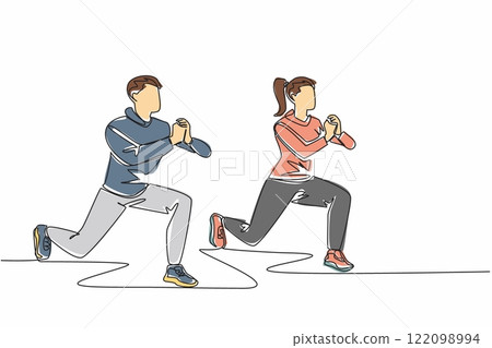 Single one line drawing young couple doing front squat on one leg forward with hands folded. Exercise. Activities to keep body fit. National Exercise Day. Continuous line design graphic illustration 122098994