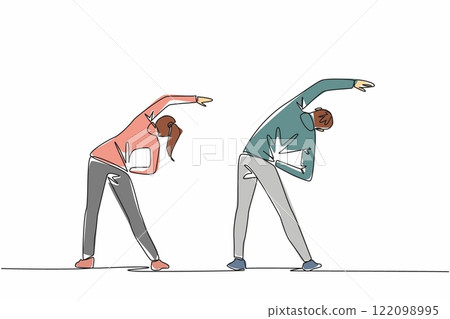 Single continuous line drawing young couple wearing running jackets doing exercise. Burning calories faster and more. Healthy activities. National Exercise Day. One line design vector illustration 122098995