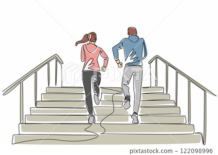Single continuous line drawing young couples ran up the stairs together. Burn fat and calories in body in large quantities. Cardio exercise. National Exercise Day. One line design vector illustration 122098996