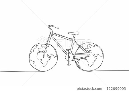 Continuous one line drawing road bike which both tires are globe. Vehicles without pollution smoke. Symbolism. Healthy earth. Environmental. Bicycle Day. Single line draw design vector illustration 122099003