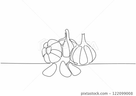 Continuous one line drawing a bunch of garlic. Fresh simple look. Kitchen spice. The little ones with many benefits. Boost immune. National Garlic Day. Single line draw design vector illustration Continuous one line drawing a bunch of garlic. Fresh simple look. Kitchen spice. The little ones with many benefits. Boost immune. National Garlic Day. Single line draw design vector illustration 122099008