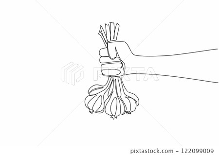 Single continuous line drawing hand holding a bunch of garlic with stems. Garlic farmers show off their best harvest. Ready to be marketed. National Garlic Day. One line design vector illustration Single continuous line drawing hand holding a bunch of garlic with stems. Garlic farmers show off their best harvest. Ready to be marketed. National Garlic Day. One line design vector illustration 122099009