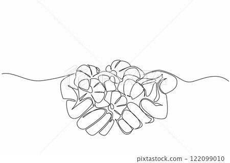 Continuous one line drawing two hands are holding a pile of garlic. The harvest results are as predicted. Very satisfying. Healthy. National Garlic Day. Single line draw design vector illustration 122099010