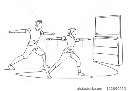 Single one line drawing young couple doing yoga movements. Husband and wife who are united maintain health even though they are busy. National Exercise Day. Continuous line design graphic illustration Single one line drawing young couple doing yoga movements. Husband and wife who are united maintain health even though they are busy. National Exercise Day. Continuous line design graphic illustration 122099013