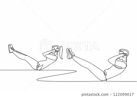 Single one line drawing young couple exercising at home. Train abdominal muscles to be firm. Sit up. To shape the abdominal muscles. National Exercise Day. Continuous line design graphic illustration 122099017