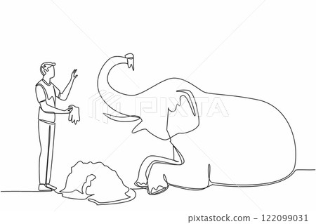 Single continuous line drawing a man standing in front of a sitting elephant holding a pile of grass. Feeding the best quality grass. Care. Save The Elephant Day. One line design vector illustration 122099031