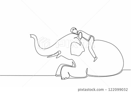 Single continuous line drawing a man lying on the back of an elephant who is sitting and hugging his neck. An exhausted zookeeper. Loving. Save The Elephant Day. One line design vector illustration 122099032