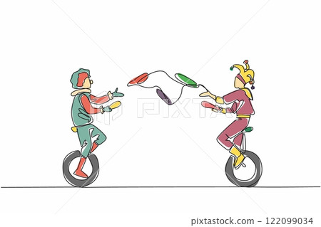 Single one line drawing 2 circus performers are playing throwing juggling clubs on a 1 wheeled bicycle. Good at maintaining balance. World Circus Day. Continuous line design graphic illustration 122099034