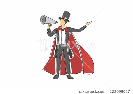 Single one line drawing showman stands and holding megaphone. Can entertain anyone just by talking. Very witty jokes. Eliminates fatigue. World Circus Day. Continuous line design graphic illustration Single one line drawing showman stands and holding megaphone. Can entertain anyone just by talking. Very witty jokes. Eliminates fatigue. World Circus Day. Continuous line design graphic illustration 122099037