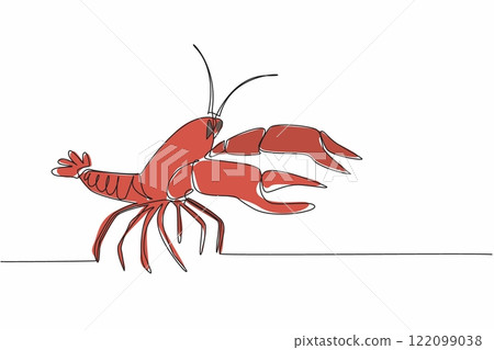 Continuous one line drawing crawfish posing. Aquatic animal with large pincers. This animal has a smaller body than a lobster. Tasty. National Crawfish Day. Single line draw design vector illustration 122099038