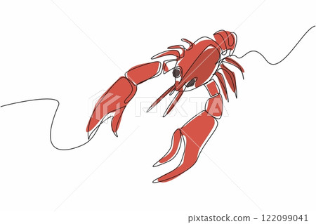 Continuous one line drawing crawfish posing. Animal with claws. Served steamed. Brings out delicious shrimp broth pampers the tongue. National Crawfish Day. Single line draw design vector illustration 122099041