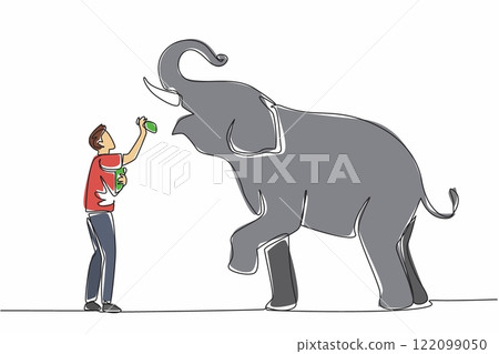 Continuous one line drawing a man stands in front of an elephant while putting food into the mouth of elephant. Feeding carefully. Save The Elephant Day. Single line draw design vector illustration 122099050