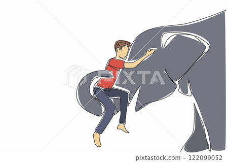 Single continuous line drawing an elephant is lifting a man with its trunk. An expression gratitude of animal to humans. Caring. Affection. Save The Elephant Day. One line design vector illustration 122099052