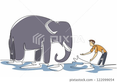 Single one line drawing a man is playing while watering an adult elephant. A zookeeper who knows the ins and outs of animals. Caring. Save The Elephant Day. Continuous line design graphic illustration 122099054