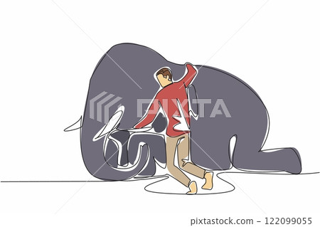 Single one line drawing a man hugging neck of sitting elephant. Expressions of affection before released into their natural habitat. Save The Elephant Day. Continuous line design graphic illustration 122099055
