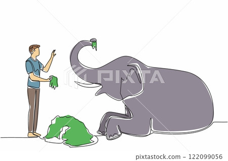 Single continuous line drawing a man standing in front of a sitting elephant holding a pile of grass. Feeding the best quality grass. Care. Save The Elephant Day. One line design vector illustration 122099056