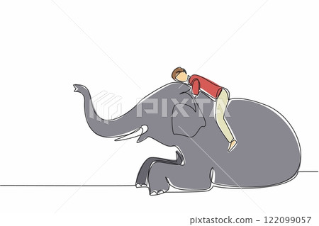 Single continuous line drawing a man lying on the back of an elephant who is sitting and hugging his neck. An exhausted zookeeper. Loving. Save The Elephant Day. One line design vector illustration 122099057