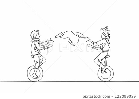 Single one line drawing 2 circus performers are playing throwing juggling clubs on a 1 wheeled bicycle. Good at maintaining balance. World Circus Day. Continuous line design graphic illustration Single one line drawing 2 circus performers are playing throwing juggling clubs on a 1 wheeled bicycle. Good at maintaining balance. World Circus Day. Continuous line design graphic illustration 122099059