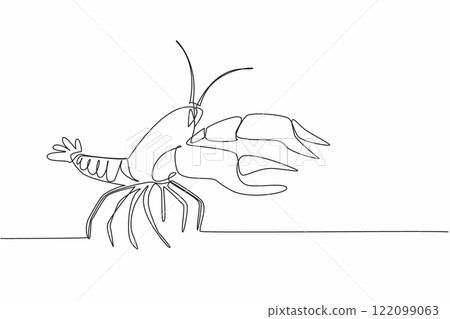 Continuous one line drawing crawfish posing. Aquatic animal with large pincers. This animal has a smaller body than a lobster. Tasty. National Crawfish Day. Single line draw design vector illustration Continuous one line drawing crawfish posing. Aquatic animal with large pincers. This animal has a smaller body than a lobster. Tasty. National Crawfish Day. Single line draw design vector illustration 122099063