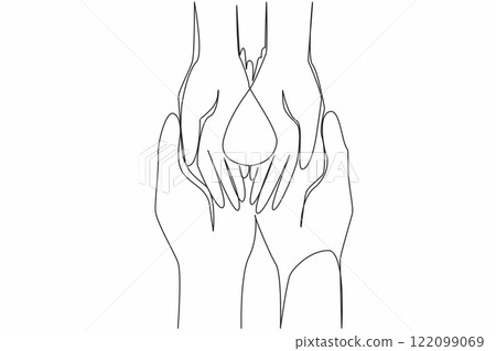 Single one line drawing symbol of blood drops on the palm of a small child. Less fortunate children who need more attention. Caring. World Hemophilia Day. Continuous line design graphic illustration Single one line drawing symbol of blood drops on the palm of a small child. Less fortunate children who need more attention. Caring. World Hemophilia Day. Continuous line design graphic illustration 122099069