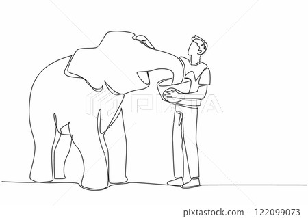 Single continuous line drawing man stands and carries basket of food in front of a baby elephant. Love by giving healthy food. Stroking head. Save The Elephant Day. One line design vector illustration 122099073