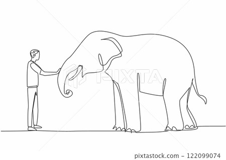 Continuous one line drawing a man in casual clothes standing in front of an elephant and stroking its trunk. Caring with affection. Save The Elephant Day. Single line draw design vector illustration 122099074