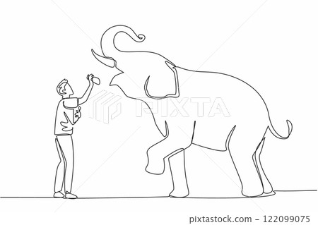 Continuous one line drawing a man stands in front of an elephant while putting food into the mouth of elephant. Feeding carefully. Save The Elephant Day. Single line draw design vector illustration 122099075