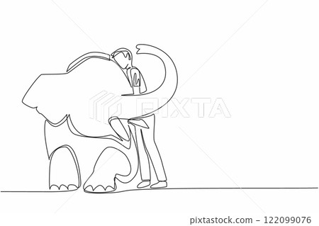 Single one line drawing man in casual clothes standing while hugging sitting elephant. Zookeeper. Taking care of animals with care. Save The Elephant Day. Continuous line design graphic illustration 122099076