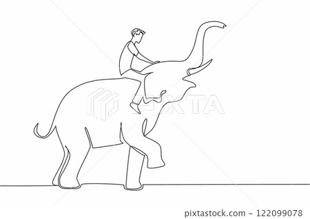 Continuous one line drawing a man sitting on standing elephant. Riding elephant to be taken back to the enclosure. Grooming routine. Save The Elephant Day. Single line draw design vector illustration 122099078