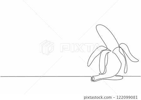 Single continuous line drawing banana with the skin half opened. Yellow skin with white fruit. Legit. Sweet. Rich in potassium. Healthy snacks. National Banana Day. One line design vector illustration Single continuous line drawing banana with the skin half opened. Yellow skin with white fruit. Legit. Sweet. Rich in potassium. Healthy snacks. National Banana Day. One line design vector illustration 122099081