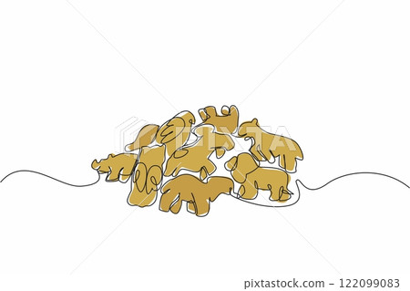Single continuous line drawing a pile of animal crackers in various animal shapes. Attractive biscuits or cookies. Salty. Savory. National Animal Crackers Day. One line design vector illustration 122099083