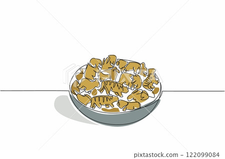Single one line drawing pile of animal crackers in various animal shapes on bowl. Serving snacks. Easy to take and delicious. National Animal Crackers Day. Continuous line design graphic illustration Single one line drawing pile of animal crackers in various animal shapes on bowl. Serving snacks. Easy to take and delicious. National Animal Crackers Day. Continuous line design graphic illustration 122099084