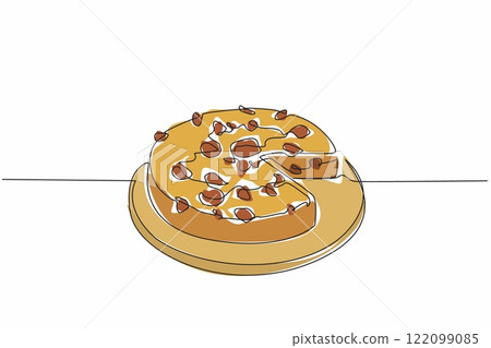 Single continuous line drawing pizza cake with the cut portion on a round wooden tray. Served to share the pleasure. Very filling. International Pizza Cake Day. One line design vector illustration 122099085