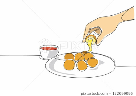 Continuous one line drawing hand taking a piece of cheese ball on a plate with melted cheese. Spicy and savory. Increase appetite. National Cheese Ball Day. Single line draw design vector illustration Continuous one line drawing hand taking a piece of cheese ball on a plate with melted cheese. Spicy and savory. Increase appetite. National Cheese Ball Day. Single line draw design vector illustration 122099096