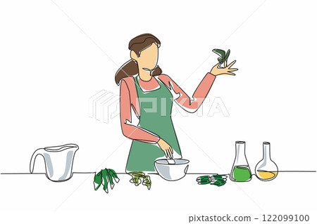 Single continuous line drawing woman wearing apron grinding herbs in bowl of herbalist. Mixing healthy and nutritious drinks without chemicals. Herbalist Day. One line design vector illustration 122099100