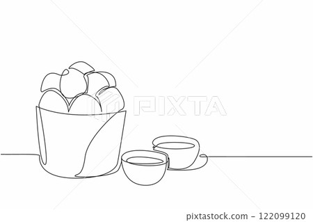 Single continuous line drawing pile of cheese balls in paper bucket. Bought to take home. More delicious with chili sauce and mayonnaise. National Cheese Ball Day. One line design vector illustration Single continuous line drawing pile of cheese balls in paper bucket. Bought to take home. More delicious with chili sauce and mayonnaise. National Cheese Ball Day. One line design vector illustration 122099120