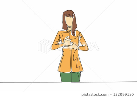 Continuous one line drawing a woman in casual clothes makes a hand gesture. A help gesture in sign language. Code. National American Sign Language Day. Single line draw design vector illustration 122099150