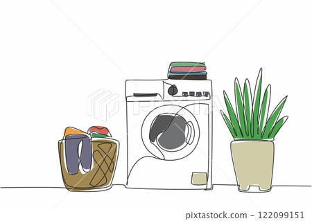 Single continuous line drawing on top of the washing machine there is a pile of folded clothes. A layout of the room in the laundry room. National Laundry Day. One line design vector illustration 122099151