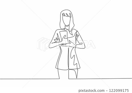 Continuous one line drawing a woman in casual clothes makes a hand gesture. A help gesture in sign language. Code. National American Sign Language Day. Single line draw design vector illustration Continuous one line drawing a woman in casual clothes makes a hand gesture. A help gesture in sign language. Code. National American Sign Language Day. Single line draw design vector illustration 122099175